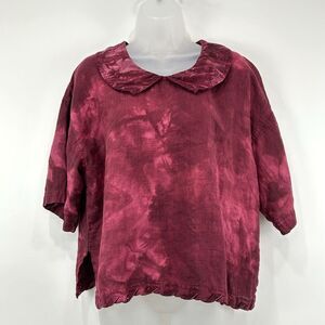 Bodil Top Womens 2 Maroon Tie Dye VTG Linen Boho Boxy Lagenlook Peter Pan Collar